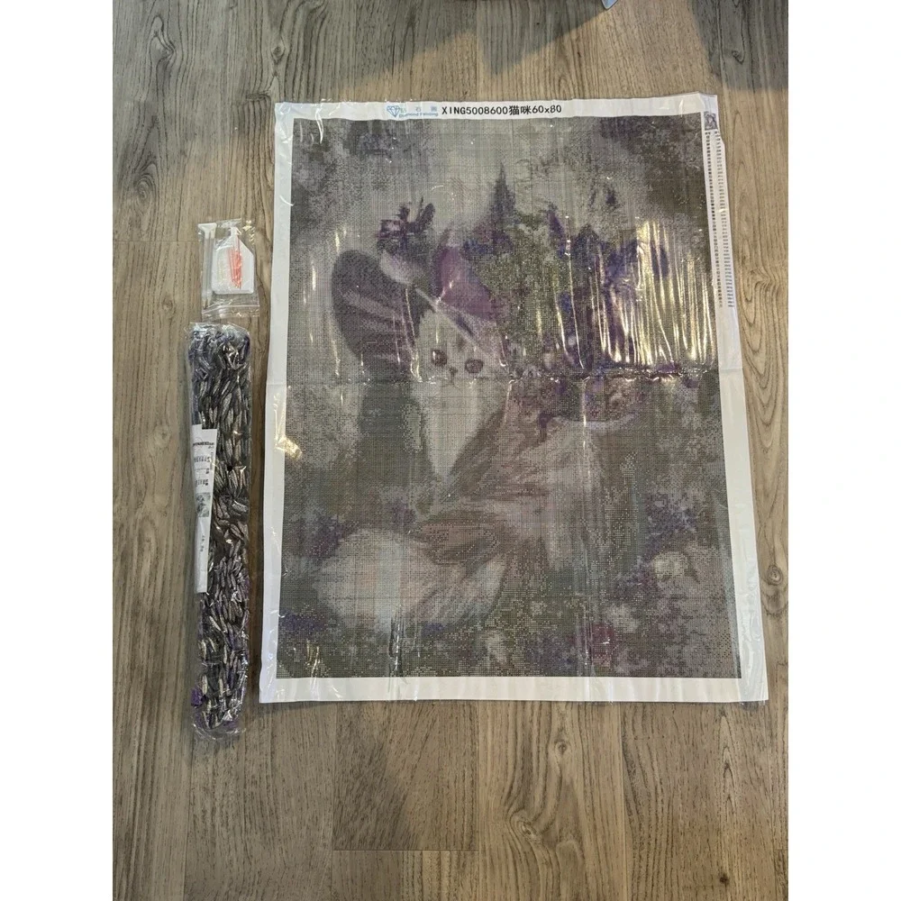 HUGE! New Diamond Painting Art Kit-Cat In lilac Lavender Easter‎ Hat 31x23 Read